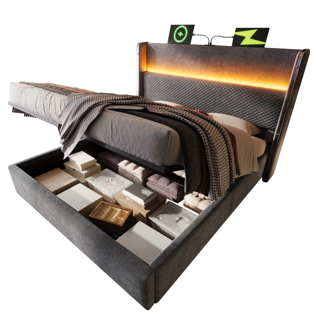 OKWISH Letto Contenitore 140×200 cm, Letto Matrimoniale con LED Regolabile, USB, Tipo C e Testiera Alta, senza Materasso, in Lino, Grigio