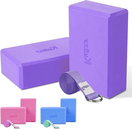 Set di Yogablokken da 2 con cinghia - schiuma EVA morbida e resistente - pietra da yoga antiscivolo leggera per equilibrio, stretching, pilates, meditazione e posizioni flessibili profonde