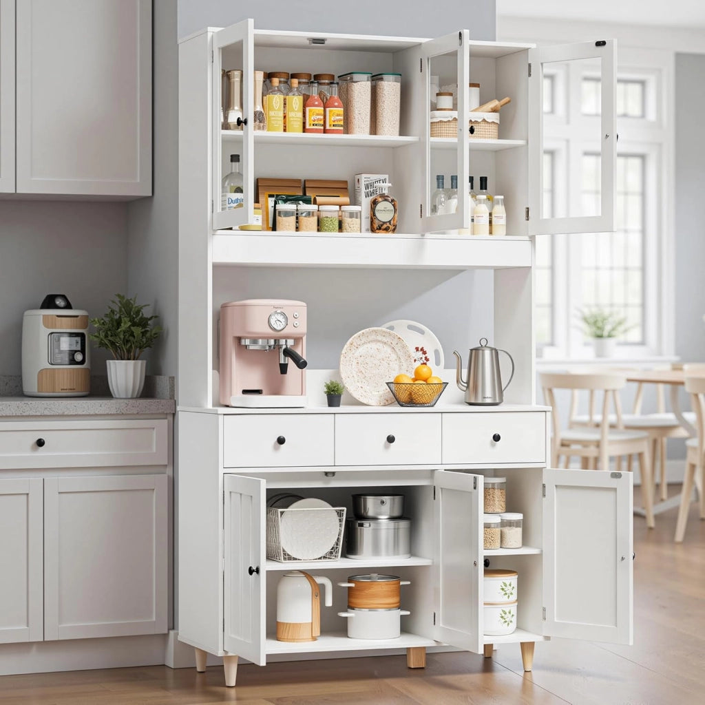 Armadio con piano di lavoro, armadietto a buffet con LED, credenza alta, Armadio per alimenti di grande capacità a 6 ante, 100x38x180cm