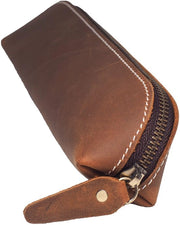 Etui in pelle di alta qualità, compatto, con chiusura a cerniera, manufatto artigianale per studenti, borsa cosmetica, borsa per trucco (marrone, L22)