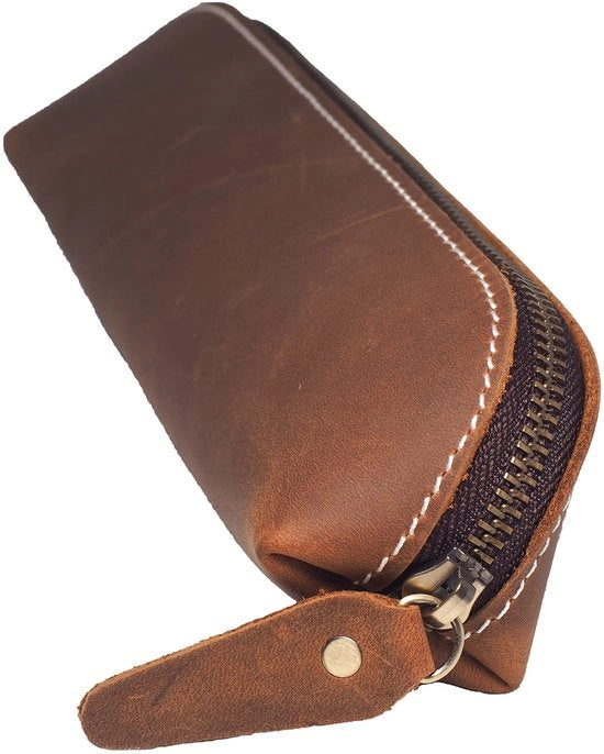 Etui in pelle di alta qualità, compatto, con chiusura a cerniera, manufatto artigianale per studenti, borsa cosmetica, borsa per trucco (marrone, L22)
