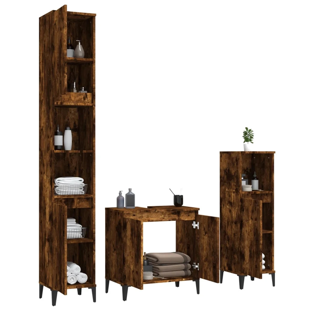 Set Mobili da Bagno | Armadio da bagno 3 pz Rovere Fumo in Legno Multistrato