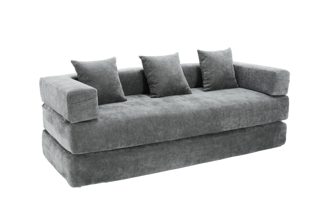 Divano modulare in chenille grigio scuro con tasche laterali, base antiscivolo e struttura componibile