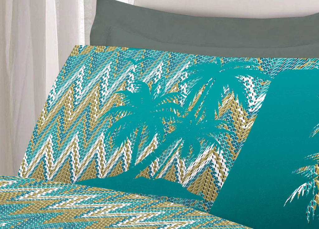 Completo Lenzuola Letto Pensieri Delicati 100% Cotone Dis. Palme Spinato - Piazza E Mezza - Verde