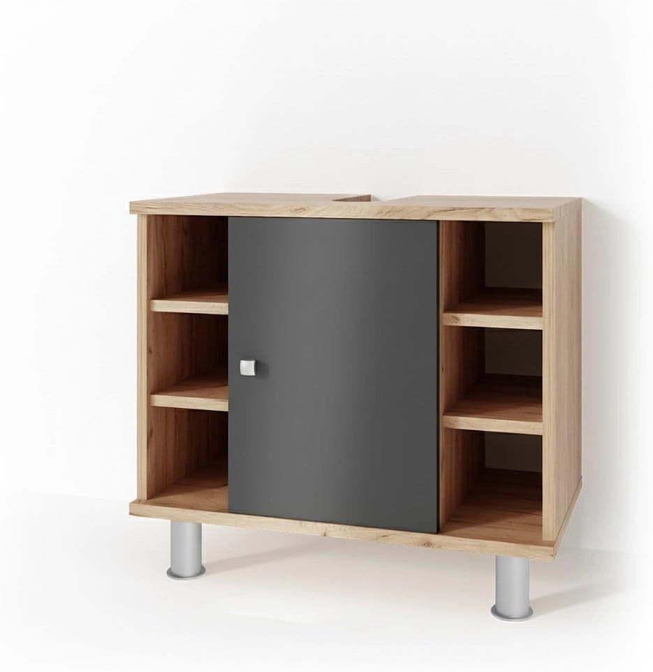 Mobile sottolavabo per bagno Fynn, Antracite/quercia dorata, 60 x 54 cm, con intaglio per sifone e ripiani aperti