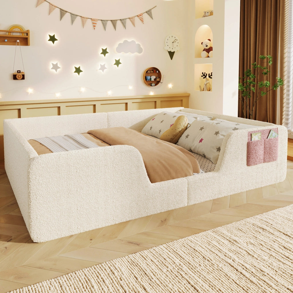 Letto imbottito per bambini 140x190 cm con sponde removibili; tasca portaoggetti; velluto beige