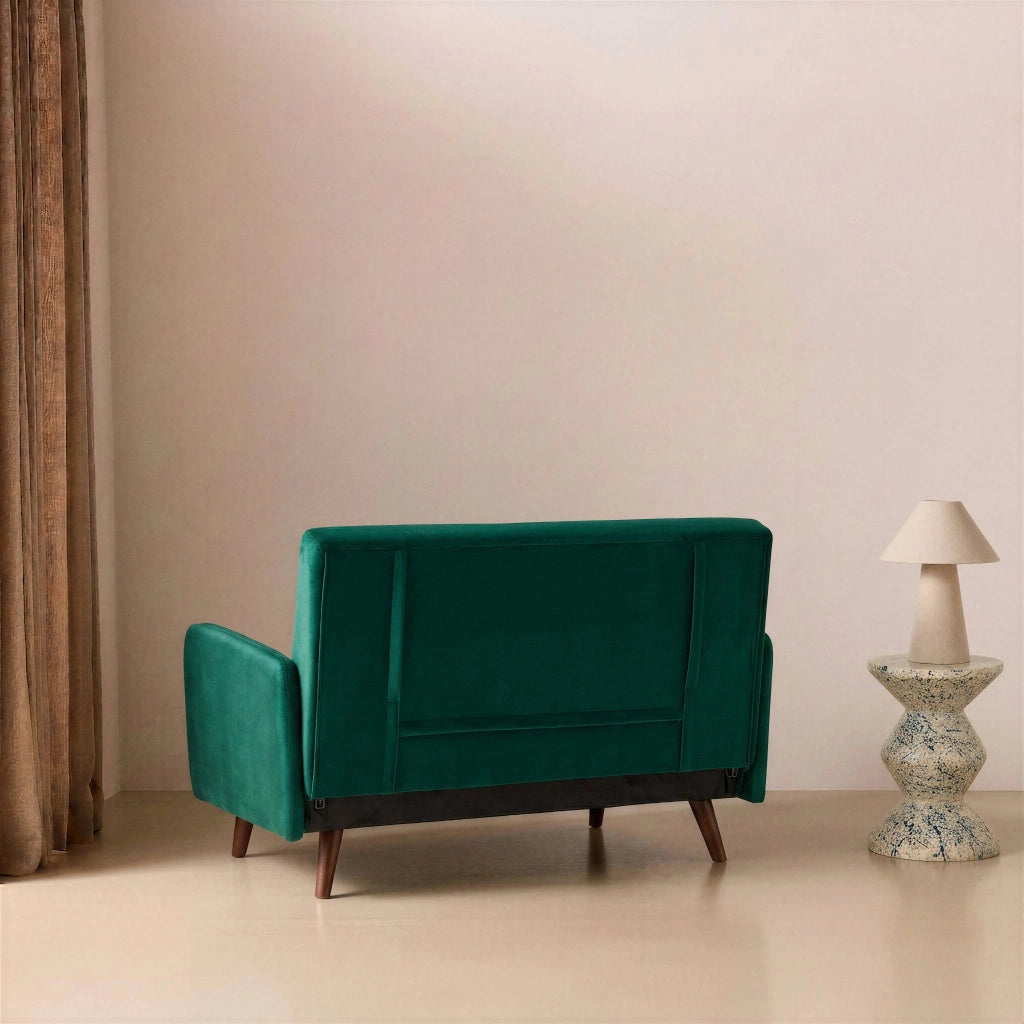 Divano letto in velluto con gambe in legno, 2 posti, verde