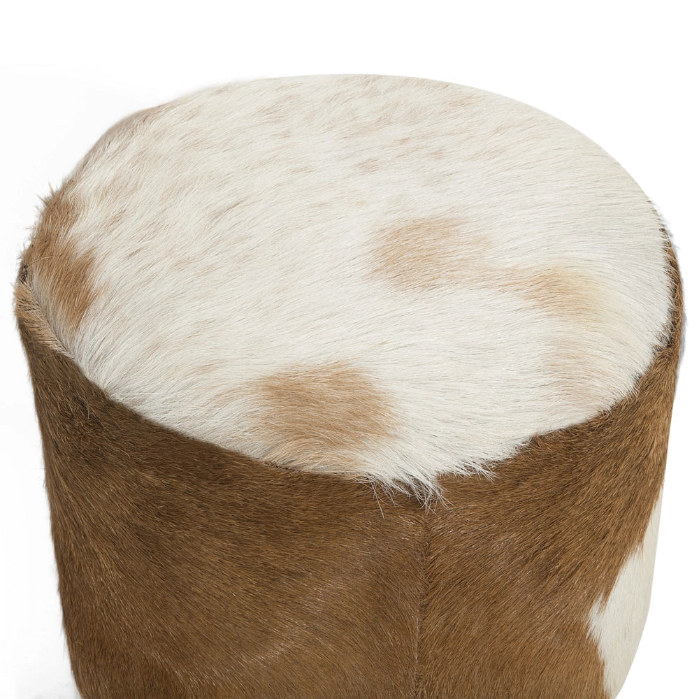 Poggiapiedi in Pelle Motivo Mucca e Legno di Teak Gambe Treppiede Rustico