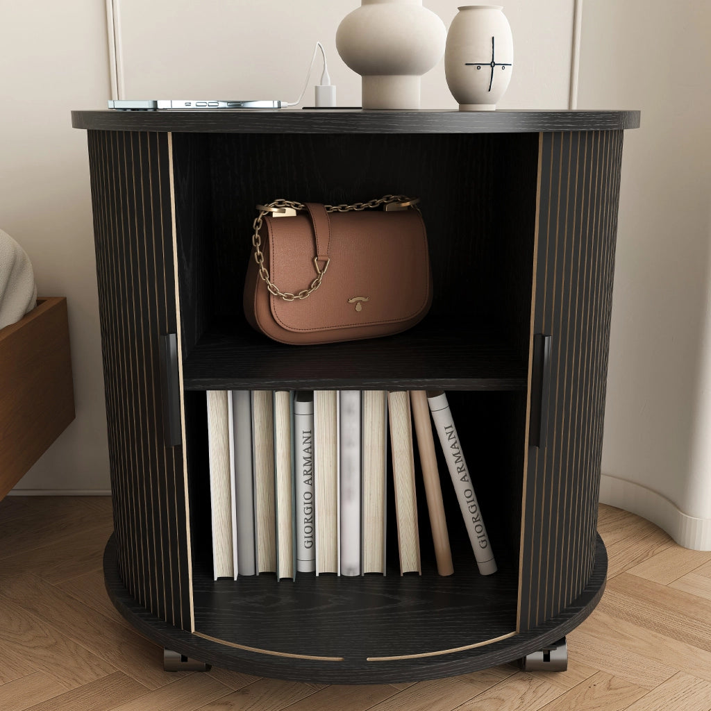 Comodino cilindrico con anta scorrevole e stazione di ricarica con prese usb per camera da letto; 60×60×60 cm; nero