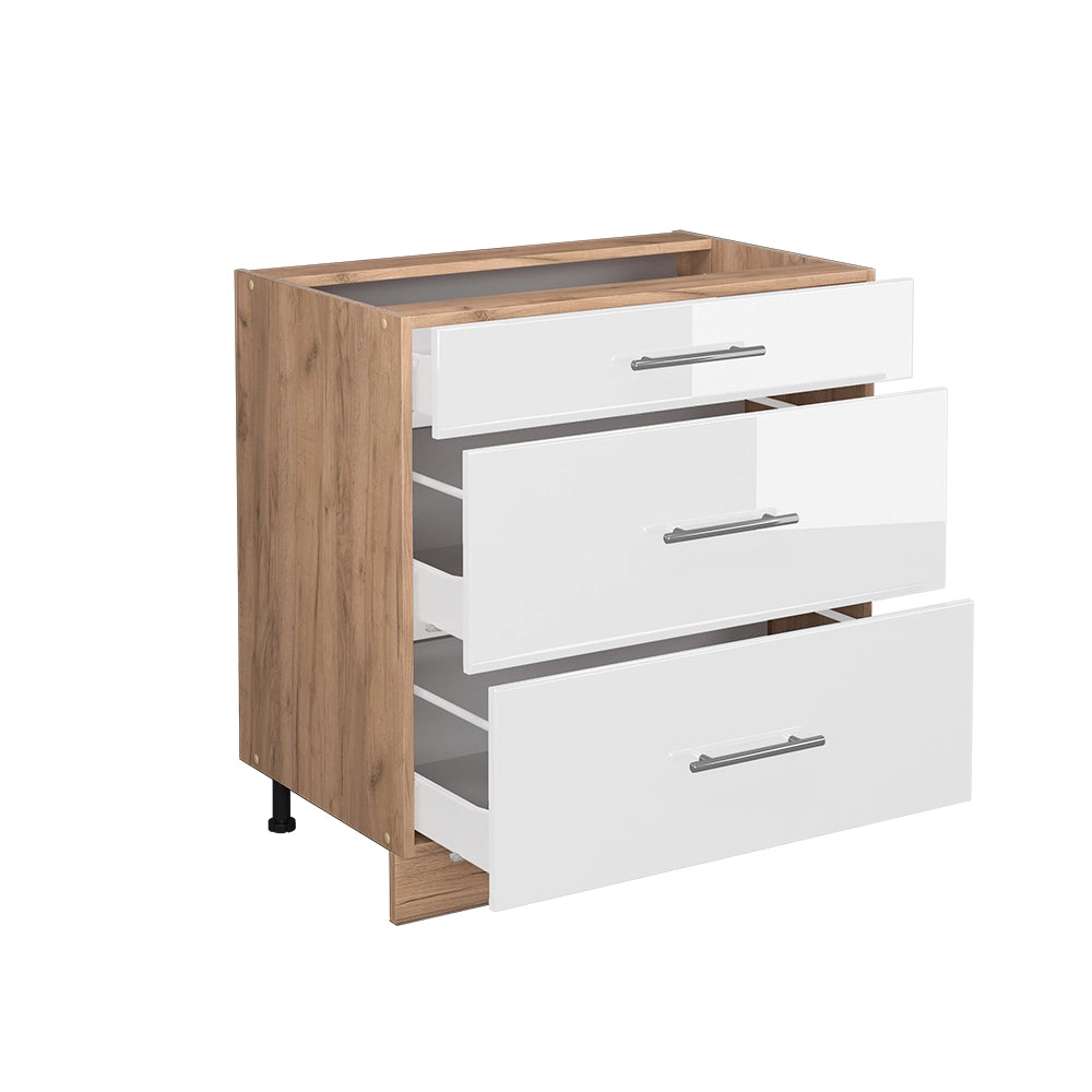 Mobiletto base per cucina Fame-Line Bianco lucido/Rovere dorato 80 cm con 3 cassetti, PL Marmo Vicco