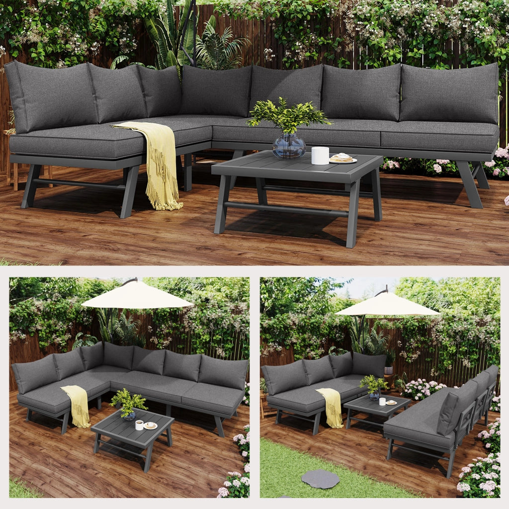 Set Divano da Giardino 5-6 Posti ¨C MINIMAL ¨C 2 Divani 3 Posti, Tavolo, 7 Cuscini Grigi, Ferro Antracite