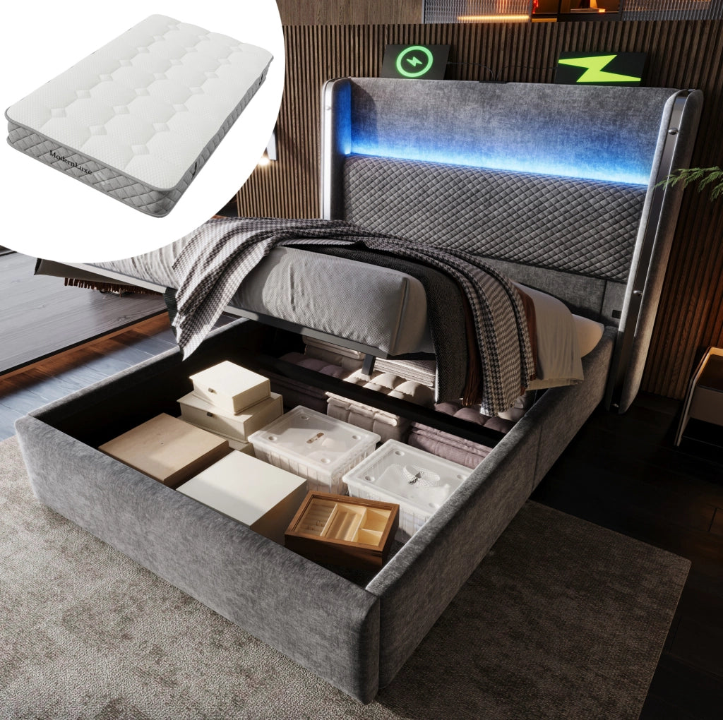 Letto singolo 90x200 cm con contenitore; LED; USB Type-C e materasso H3 in lino grigio