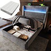 Letto singolo 90x200 cm con contenitore; LED; USB Type-C e materasso H3 in lino grigio