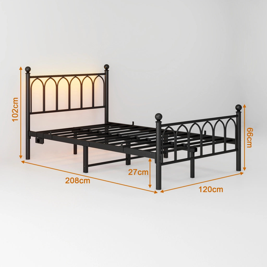 Letto singolo 120 × 200 cm con testiera e pediera alte, LED, 2 USB et presa, senza materasso, nero