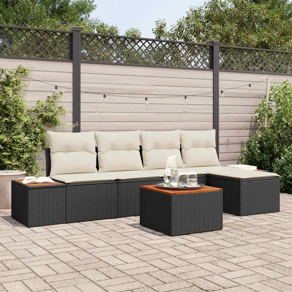 Set Divano da Giardino 6 pcs Nero e Crema Polyrattan