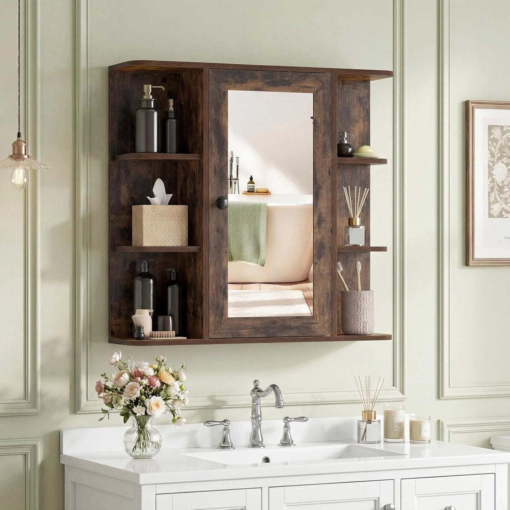 Mobile Bagno da Parete, Armadietto Pensile in Legno con 1 Anta, 6 Scomparti Aperti e 3 Ripiani, Mobiletto da Bagno Salvaspazio per Soggiorno e Camera da Letto, 66 x 16,5 x 63 cm (Marrone)