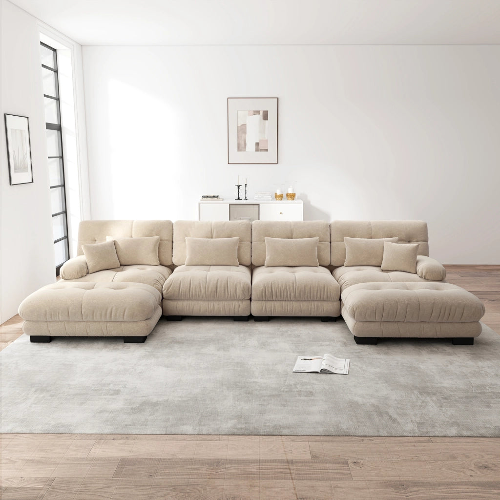 Divano angolare modulare con seduta profonda e pouf mobile, in ciniglia beige chiaro 406 × 145 × 81 cm