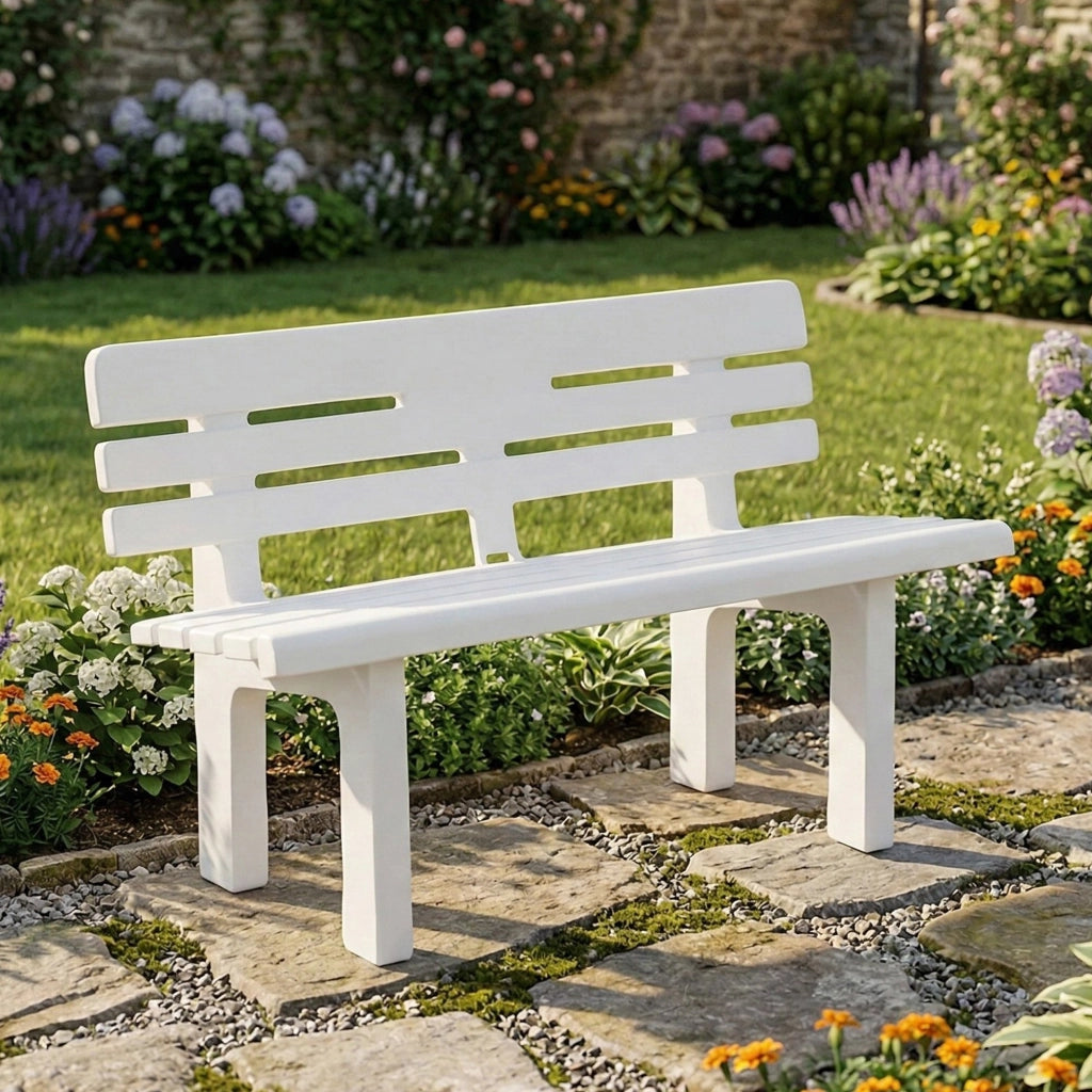 Panchina da esterno Alim, Panca monoblocco da giardino, Panchina outdoor, 100% Made in Italy, 110x52h71 cm, Bianco