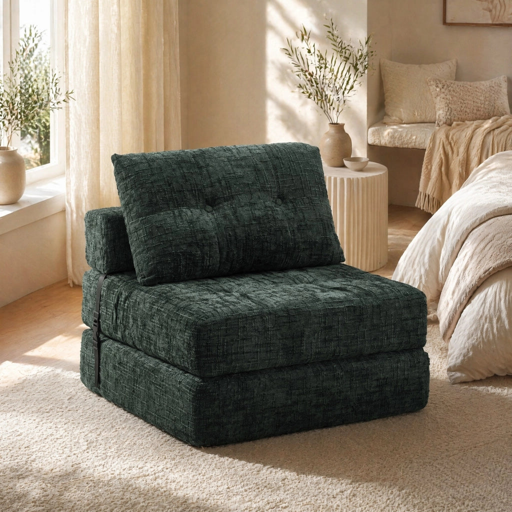 Divano letto pieghevole in ciniglia verde smeraldo con cuscini
