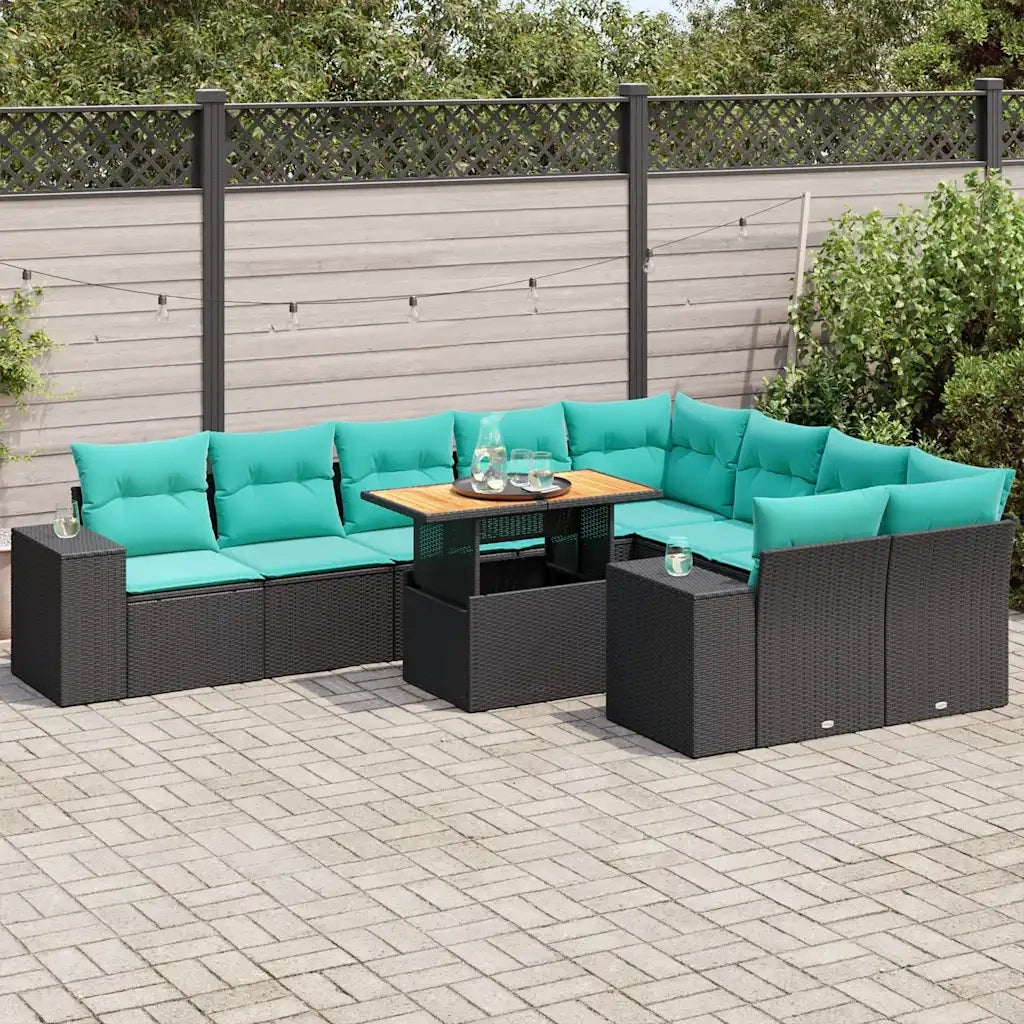 Set Divani da Giardino 10pz con Cuscini in Polyrattan Nero