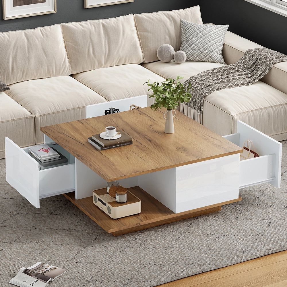 Tavolino geometrico - Xylo - 70x70cm 3 cassetti bianco/legno