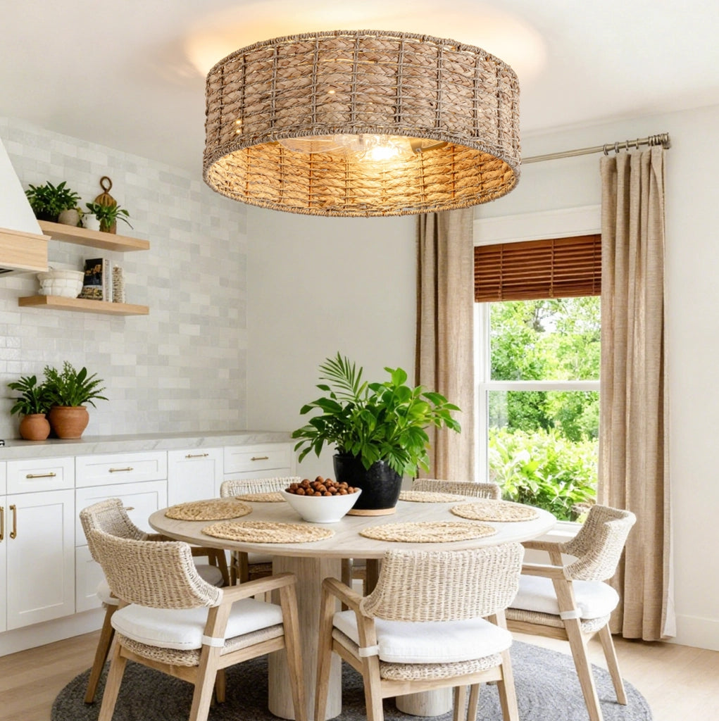 Plafoniera ventilatore 50x50x20 cm in rattan naturale con doppio comando -