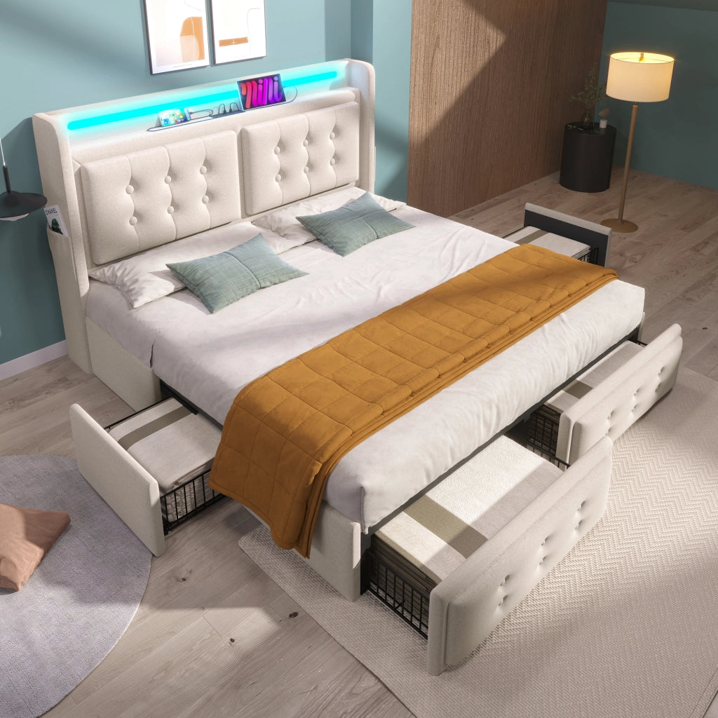 LETTO imbottito 160x200 cm Beige con LED, USB e 4 cassetti