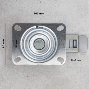 Set 4 ruote piroettanti, freno doppio blocco, Rotella 100mm max 70kg, metallo e gomma piena