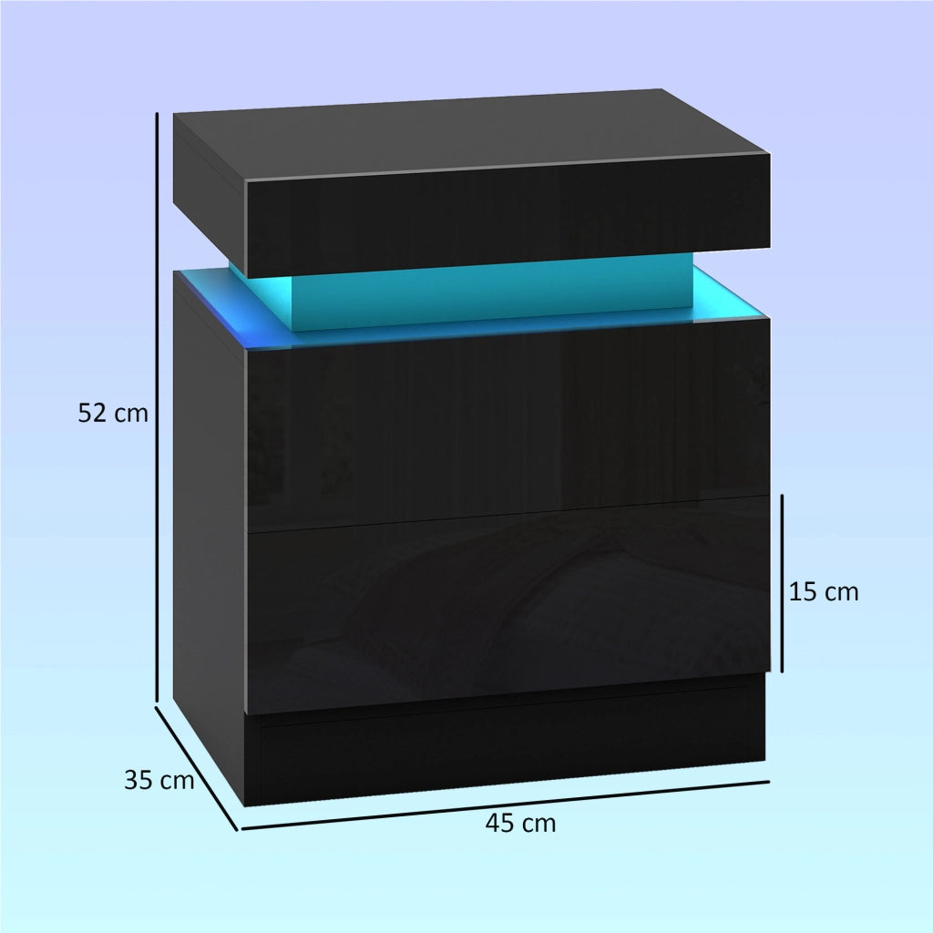Set 2 Comodini 45x35x52 cm LED a 16 Colori e 4 Modalità con 2 Cassetti in Legno Nero