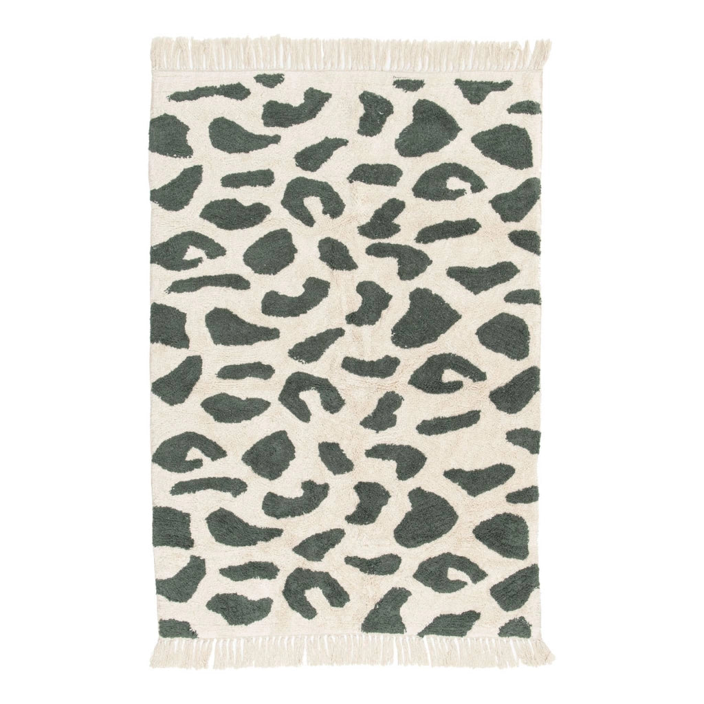 Tappeto interno cotone motivo maculato verde scuro con frange