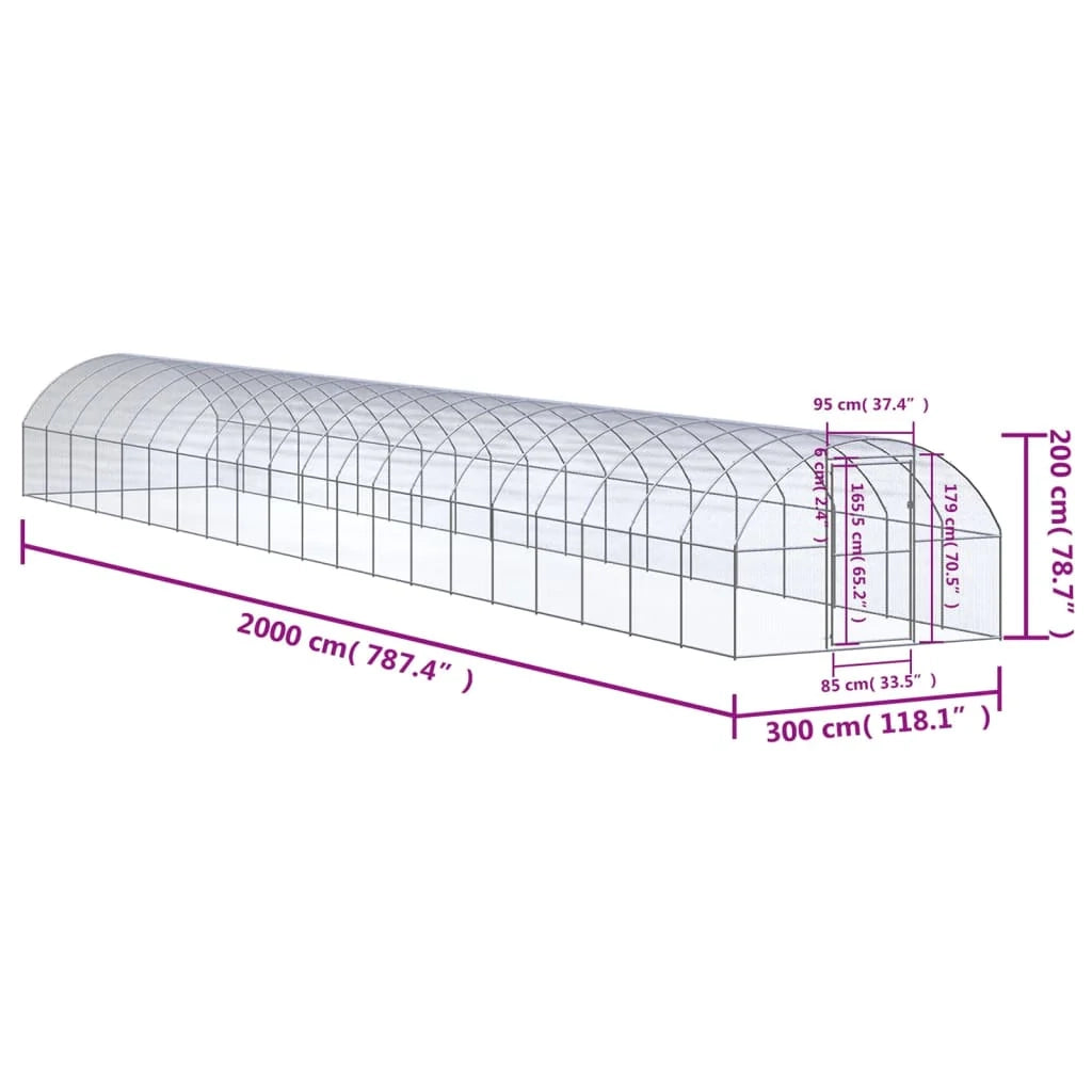 Pollaio/recinto/gabbia per polli da esterno 3 x 20 x 2 m acciaio zincato argento 02_0044006