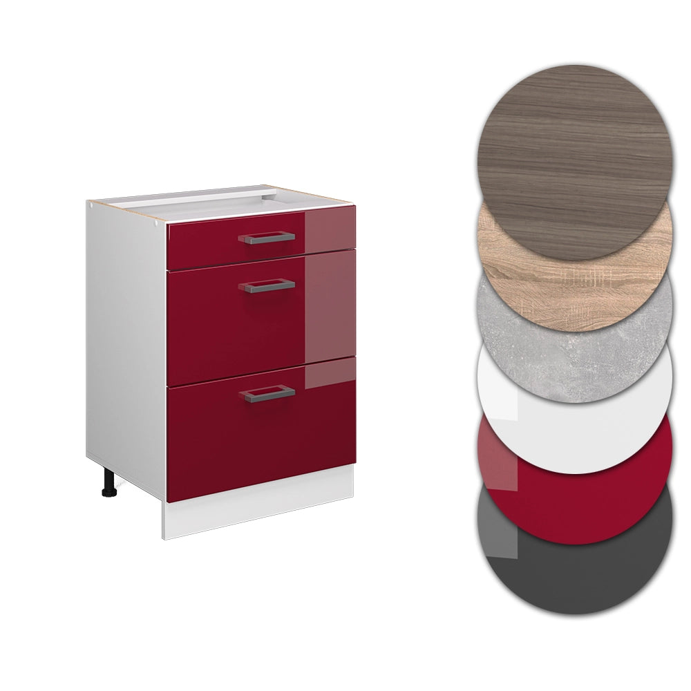 Mobiletto base per cucina R-Line Rosso lucido/Bianco 60 cm con cassetti, senza piano di lavoro Vicco