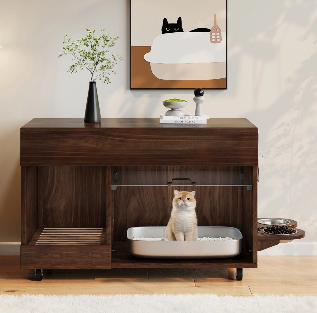 Mobile per lettiera per gatti 100x45.5x67 cm con cassetto e sportello in acrilico; noce