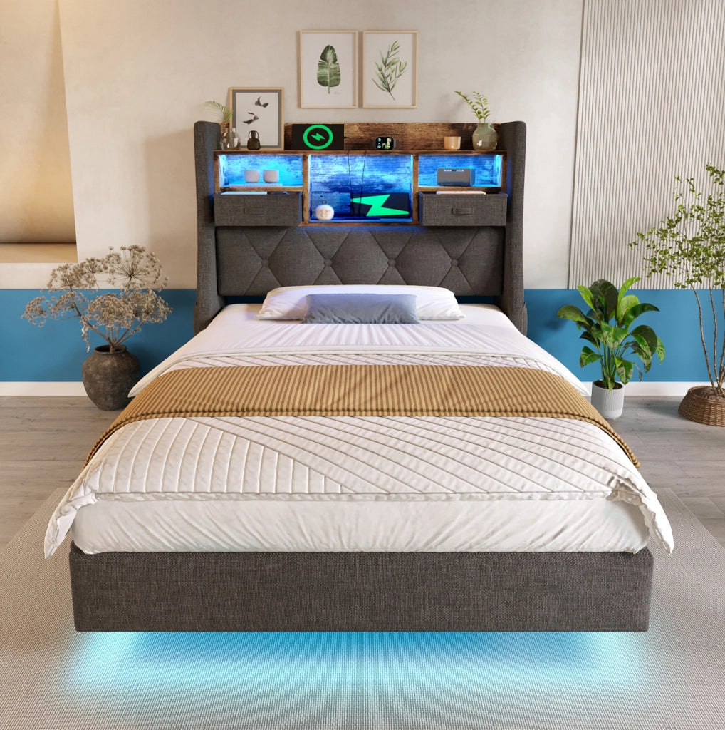 Letto imbottito ULEVR 90x200 cm con LED, 3 USB e Type-C, testiera con ripiani e tasche, lino grigio