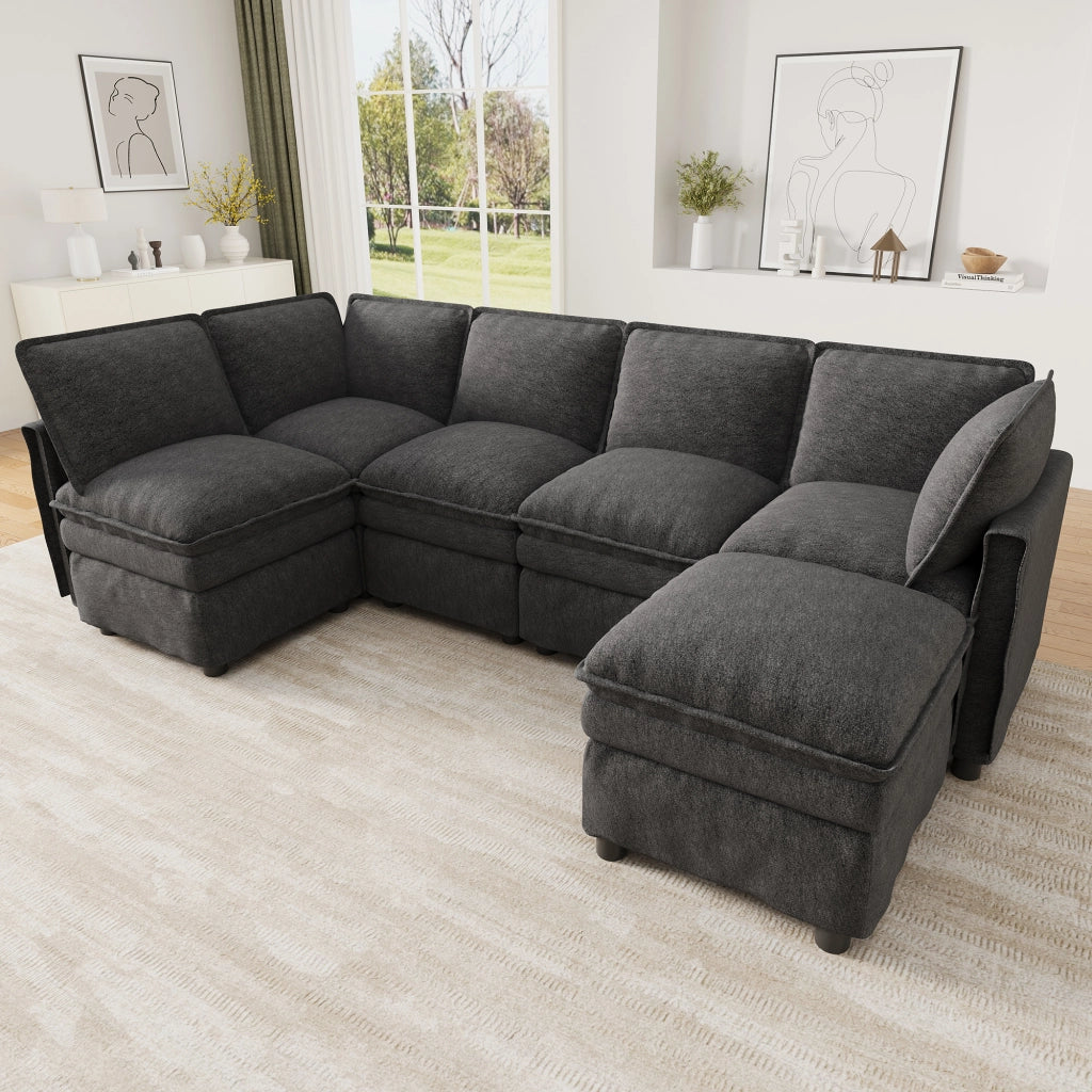 Divano modulare XXL 6 posti con funzione letto e pouf mobile componibile a U o L in chenille grigio 344 × 127 × 91 cm