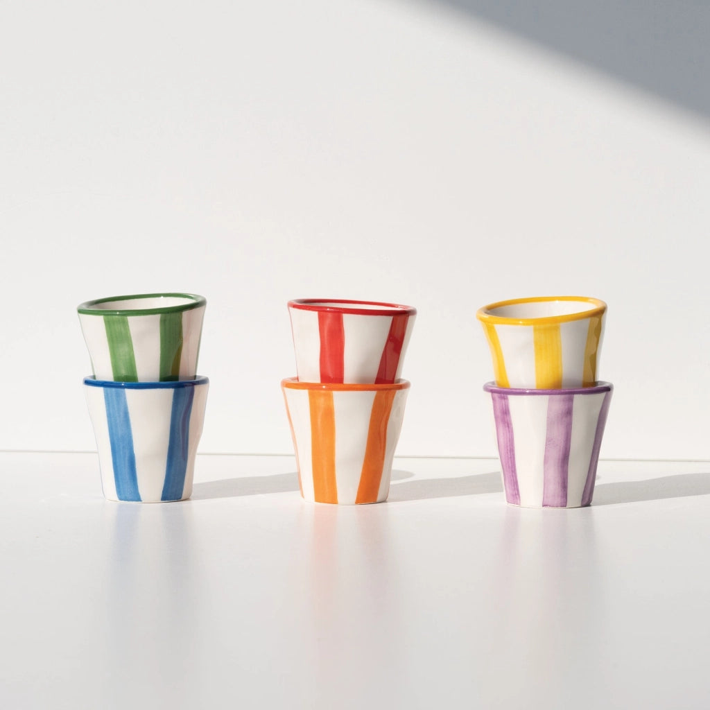 Zafferano Set 6 Bicchierini Collezione Lido Righe in ceramica artigianale made in Italy colori assortiti per caffè e dessert eleganti e vivaci
