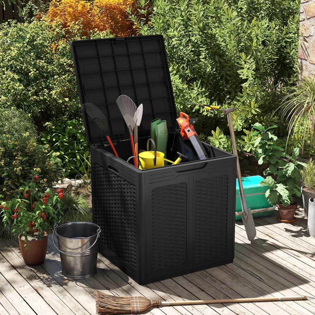Baule da Giardino 145 L, Baule da Esterno con Coperchio con Coperchio Bloccabile, Contenitore per Cuscini in Plastica, Multibox Impermeabile Esterni, 56X56X61 cm