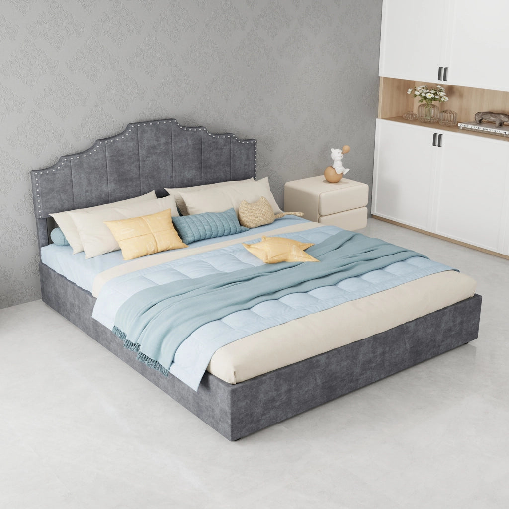 DESMIU Letto matrimoniale 160 × 200 cm in tessuto e metallo, testiera geometrica, senza materasso, grigio