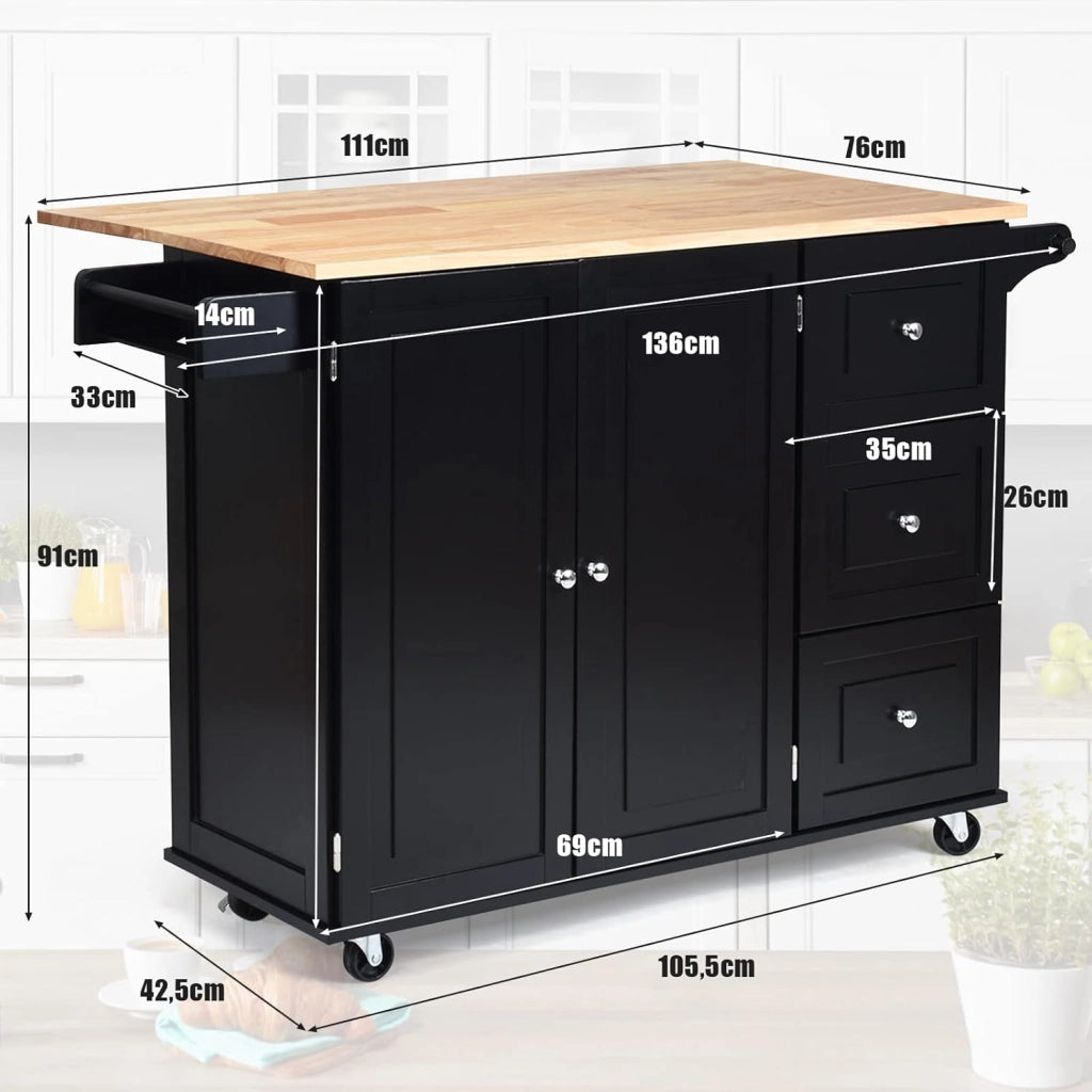 Carrello da Cucina, Credenza Mobile Salvaspazio, Ruote con 2 Freni, Piano Pieghevole, 2 Ripiani Regolabili, 3 Cassetti, 2 Ante, Portaspezie e Portasciugamano, 111x76x91 cm, Nero