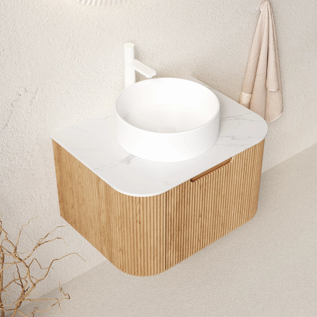 Mobile sottolavabo pensile con lavabo in ceramica e cassetto, per bagno, in legno naturale e bianco, 61 cm