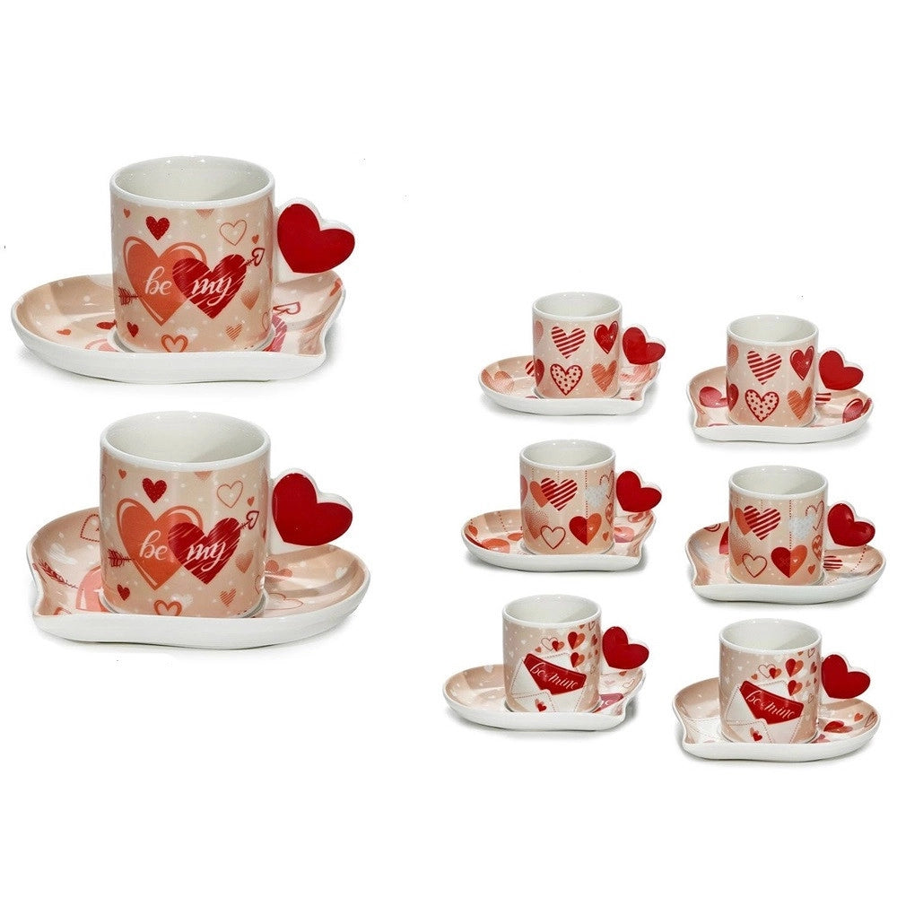 Trade Shop - Set 2 Tazzine 8cl Con Piattini A Tema San Valentino Con Manici A Cuore Per Caffè Espresso -