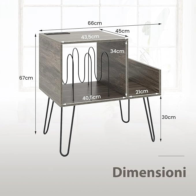 Supporto per Giradischi con Presa di Corrente, Espositore per Dischi con Presa di Corrente e Porta USB, capacità Fino a 145 Album, per Soggiorno e Camera da Letto, 66 x 45 x 67 cm (Grigio)