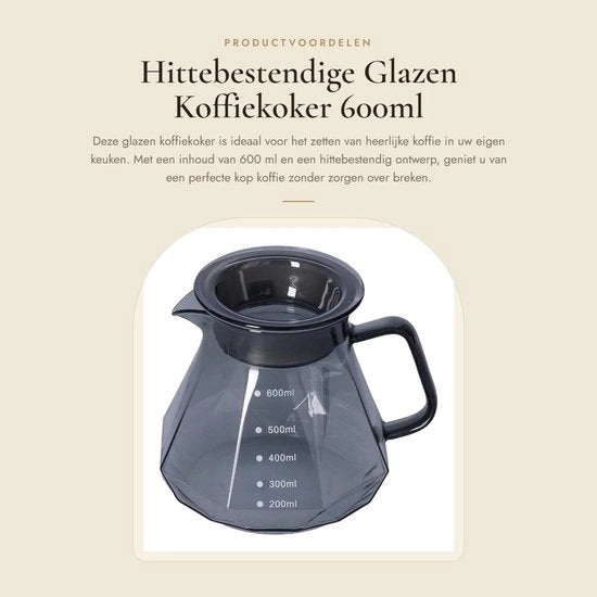 Caffettiera Resistentente al Calore - Bollitore a Vetro - 600 ml - Design Translucido - Con Coperchio - Protezione Contro la Bruciatura - Macchina per Caffè
