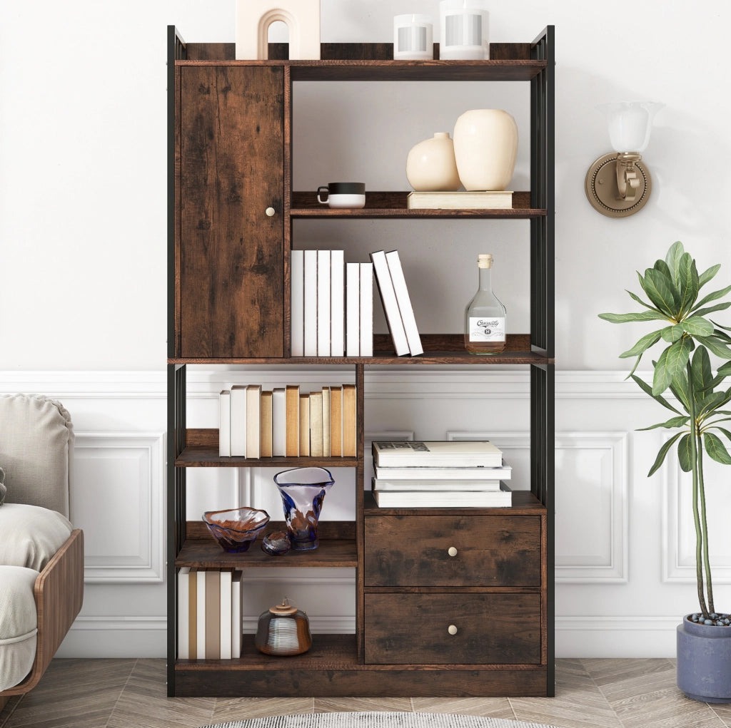 Libreria industriale 100x30x173;5 cm con ante e cassetti; effetto legno marrone nero