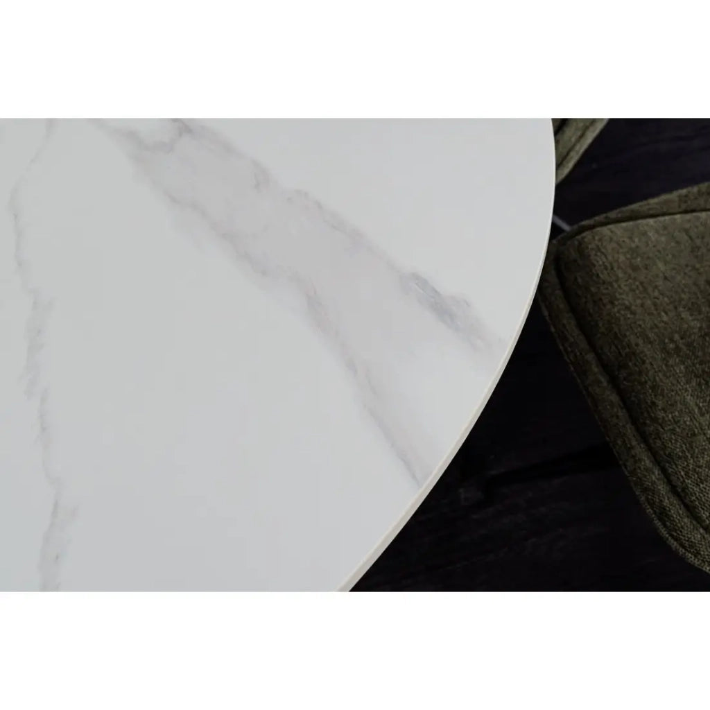 Tavolo da pranzo LUMEA – Rotondo 120 cm – Effetto marmo bianco – Piede centrale largo – Stile contemporaneo