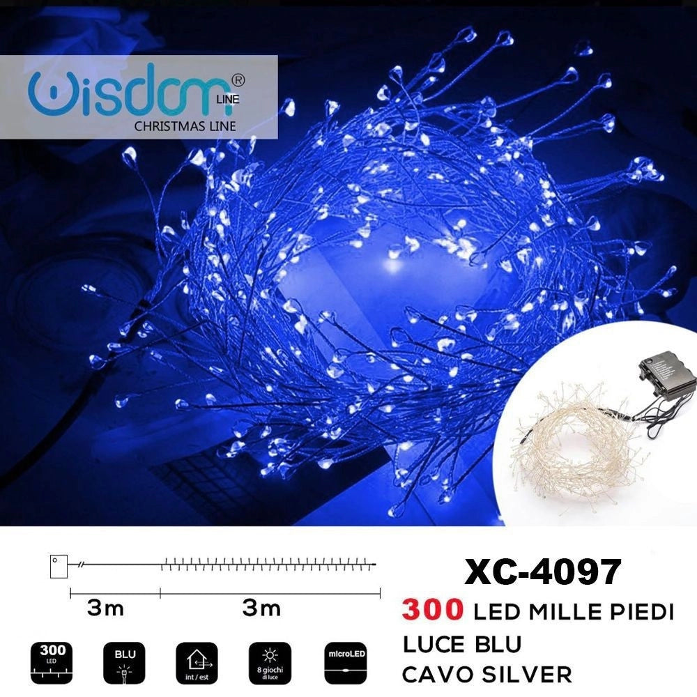 Trade Shop - Catena Luminosa 300 Led Mille Piedi Effetto Ramo Luce Blu A Batteria Xc-4097 -