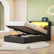 DESMIU Letto per bambini 90 × 200 cm con LED, Bluetooth e USB, vano idraulico, senza materasso, nero
