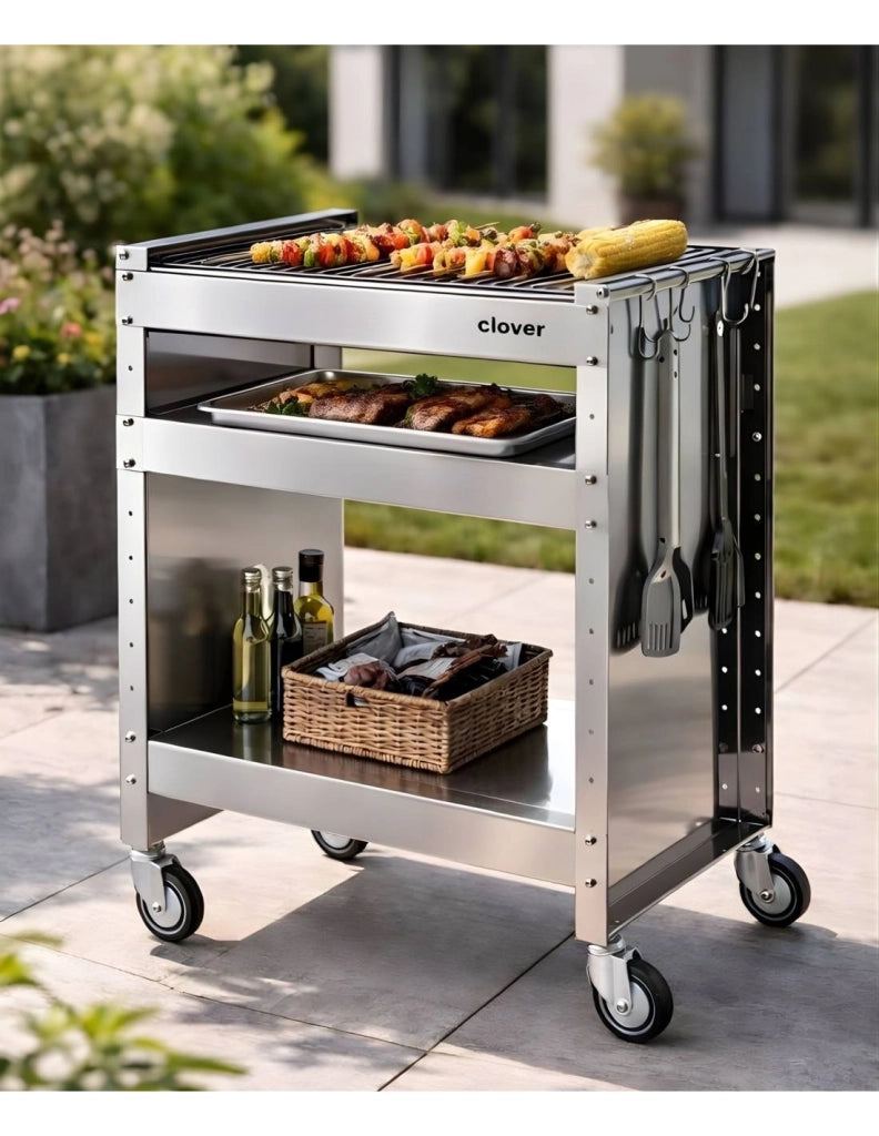 Barbecue a carbone con ruote, Struttura e Griglia in Acciaio Inox, 59 x 40,50 x 82 cm. CLOVER