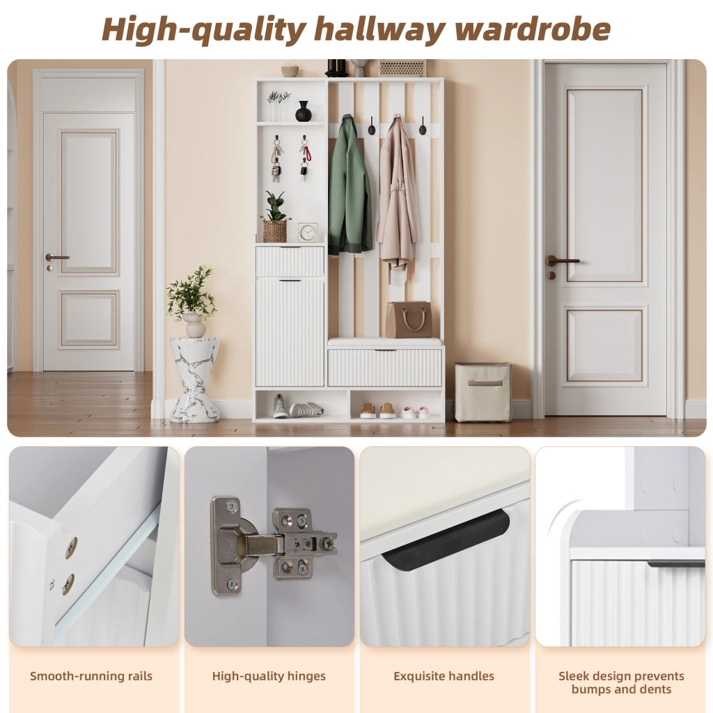 Mobile Ingresso con 8 Ganci; Panca Scarpiera; 2 Cassetti e 1 Armadio; Bianco; in Pannelli di Truciolare; 100×30×180 cm