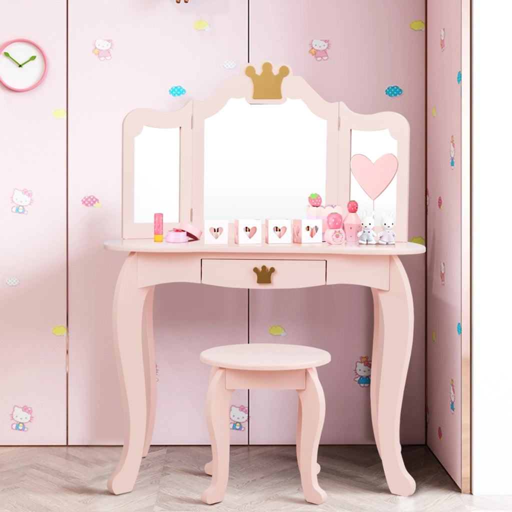 Set toeletta e sedia per bambine con cassetto, Toeletta 2 in 1 con superficie smontabile, Rosa-Toelette per bimbi